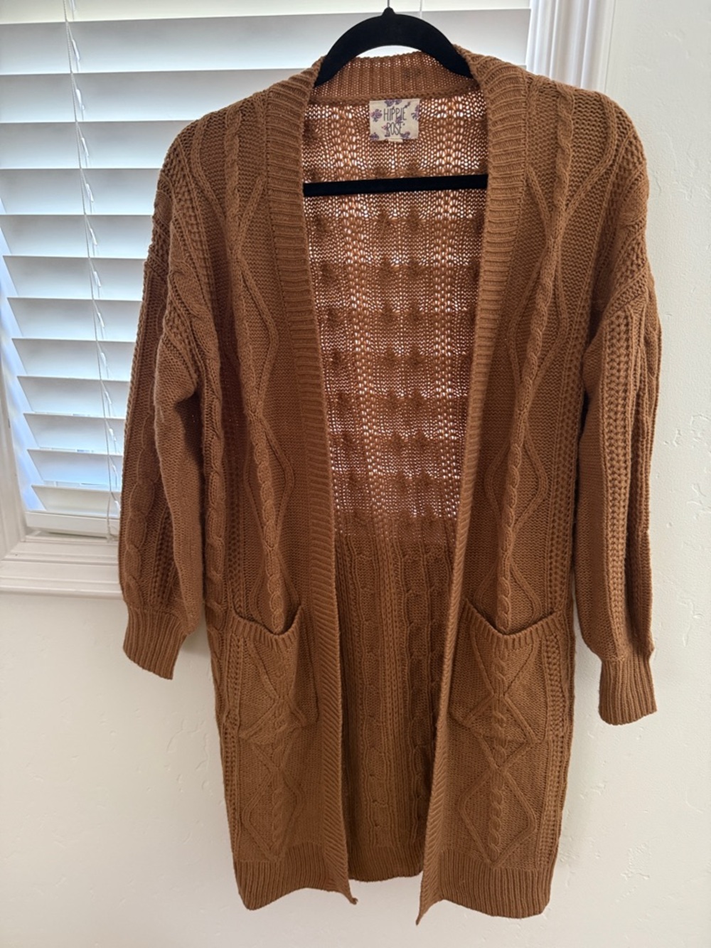 Hippie Rose Open-Front Cable Knit Cardigan in Camel